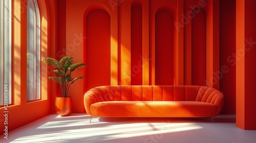 Bright orange living room featuring modern sofa and plant under natural light