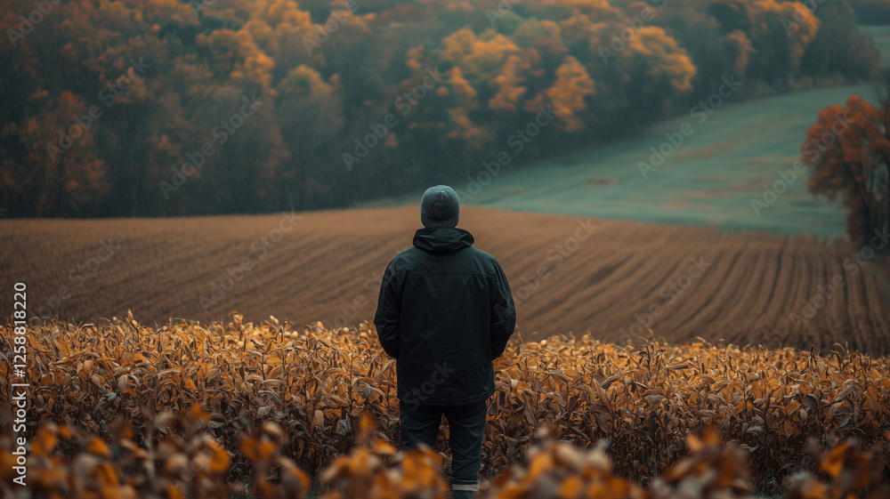 Fototapeta premium Farmer observing changing seasons in a soybean field at twilight