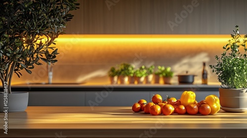 Fresh vegetables and fruits on a kitchen countertop during evening light