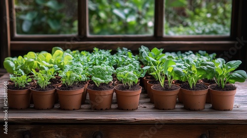 Freshly planted seedlings in small pots arranged on a wooden table by a sunny...