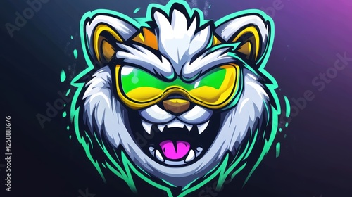 Aggressive stylized wolf mascot logo with neon green and purple elements. photo