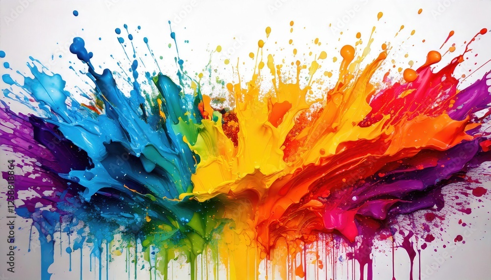 Fototapeta premium Vibrant Paint Splash - An artistic splash of rainbow colors dripping down a white backdrop, perfect for dynamic and creative visuals.