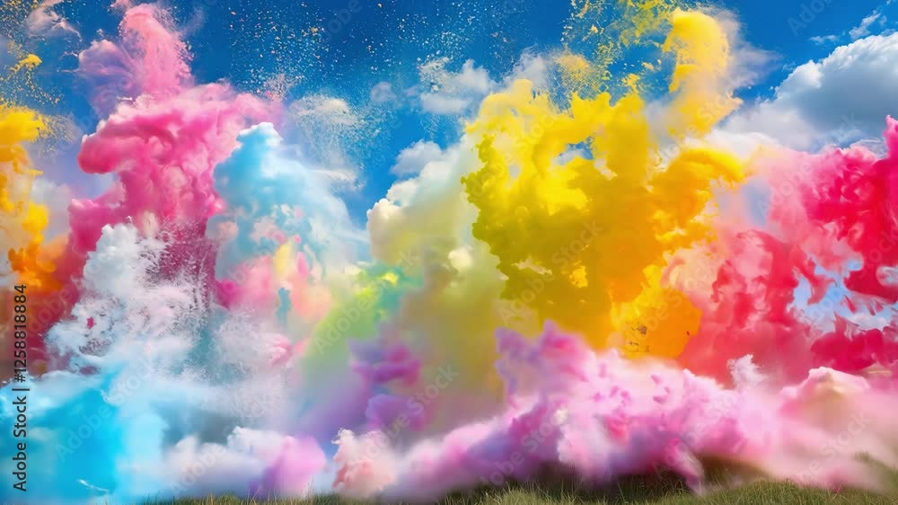 Bright clouds of colored smoke burst into the air, filling the sky with vibrant hues in an open landscape during a sunny day