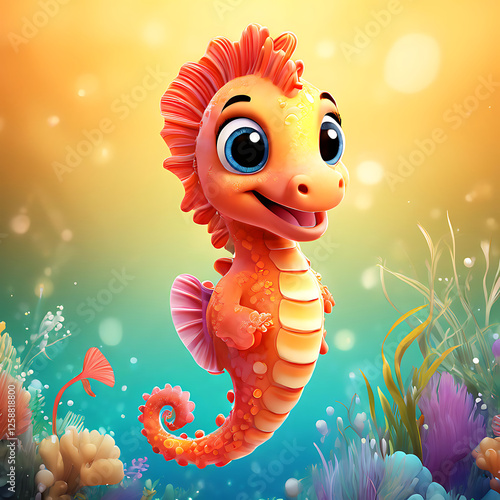 Cute smiling baby seahorse underwater environment, colourful corals sea plants, cartoon anime for kids, children's items occasions photo