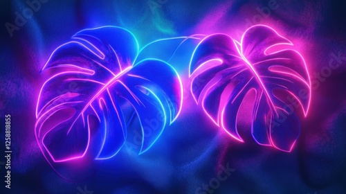 Neon glowing tropical leaves in a cyberpunk-inspired futuristic composition. photo