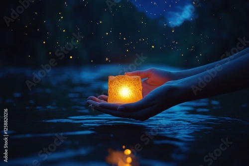 Hands holding a glowing lantern over water at night, symbolizing hope.