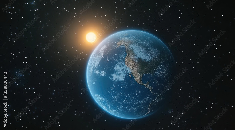Obraz premium Earth and Sun Viewed From Space Showing North America