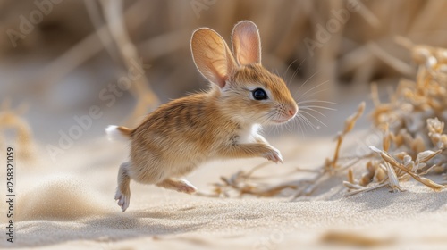 Small rabbit hops across sandy terrain in a natural environment during daylig...