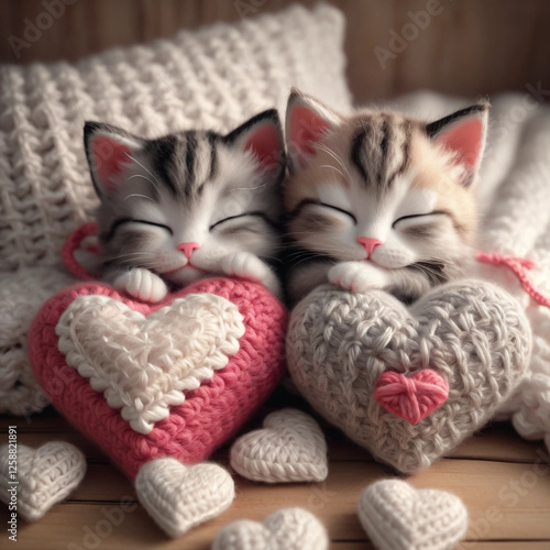 Dulzura en miniatura: dos pequeños gatitos con cojines en forma de  corazón hechos a ganchillo photo