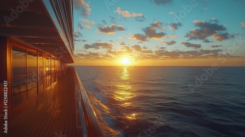 Cruise ship deck at sunset with vibrant colors over calm ocean waves