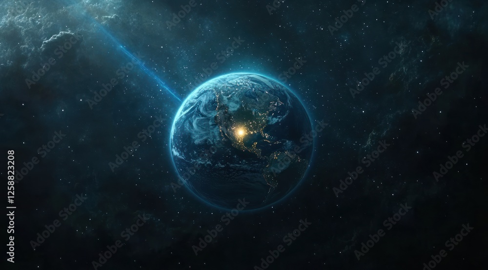 Fototapeta premium Earth Illuminated At Night From Space With A Comet