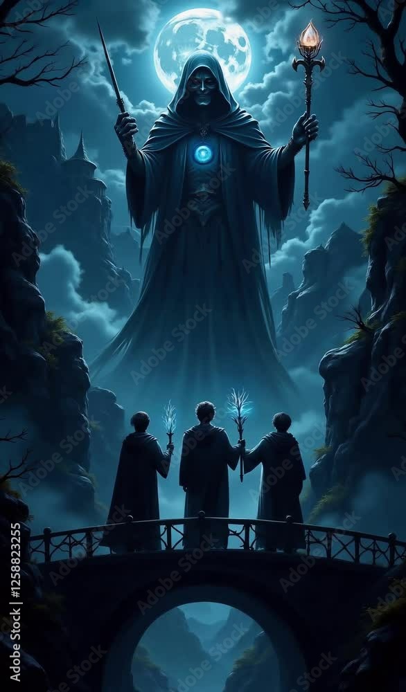 A powerful hooded figure looms over three young wizards on a moonlit bridge suggesting a confrontation or a significant magical event.
A powerful hooded figure looms over three young wizards on a moonlit bridge suggesting a confrontation or a significant magical event.