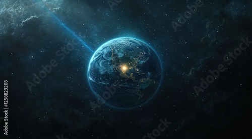 Earth Illuminated At Night From Space With A Comet