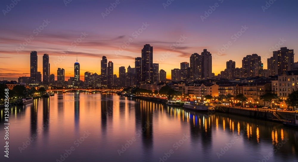 Fototapeta premium City Skyline Reflecting in River at Twilight with Vibrant Sky