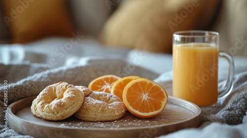 Freshly baked pastries and orange juice on a cozy breakfast table