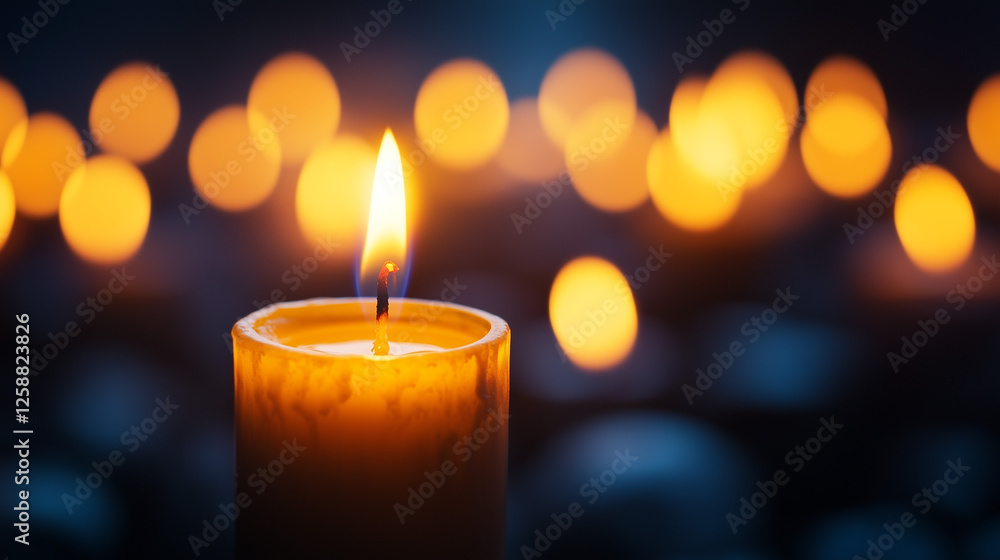 Single lit candle is in focus against a blurred background of several other glowing candles in a dark setting. Bokeh effect backdrop. Generative AI Single lit candle is in focus against a blurred background of several other glowing candles in a dark setting. Bokeh effect backdrop. Generative AI