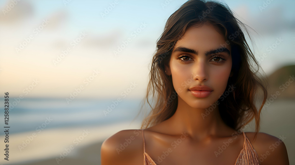 A model wearing a light summer dress, standing on a beach with space on the left for branding or promotional text A model wearing a light summer dress, standing on a beach with space on the left for branding or promotional text