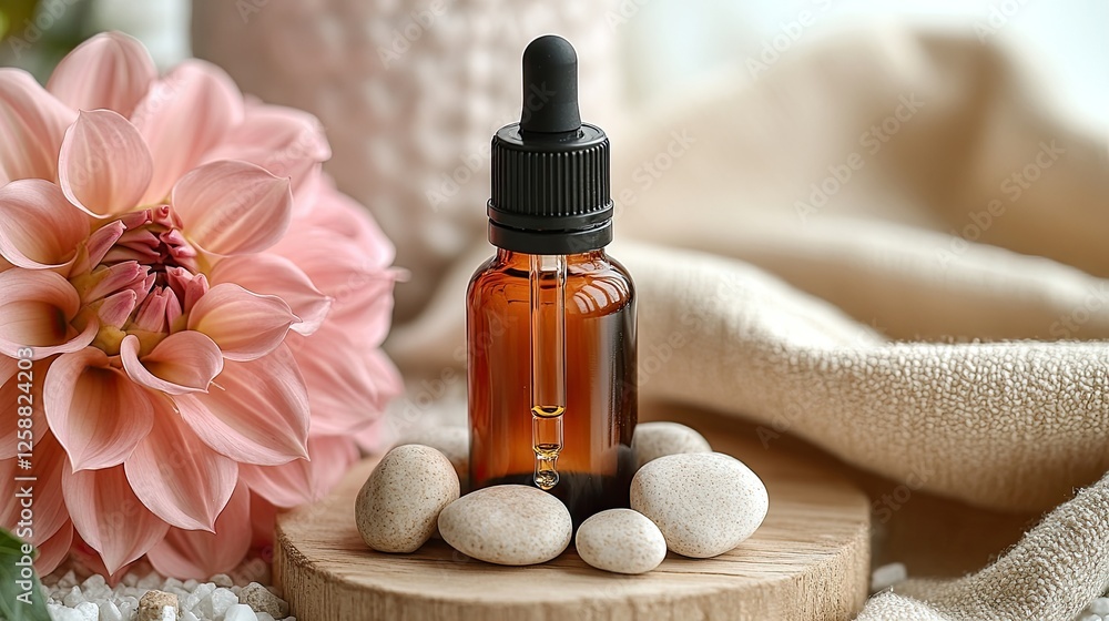 Fototapeta premium Amber essential oil bottle, flowers, stones, spa