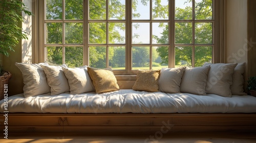 Cozy window seat with cushions overlooking a serene green landscape in the mo...