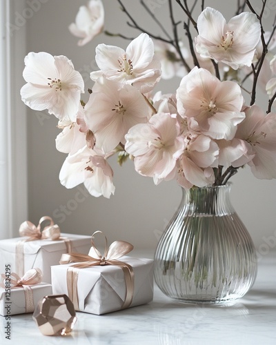 Elegant spring flowers and gift box on a wooden table