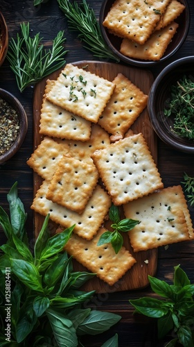 Savory herbal crackers arranged on a wooden board with fresh herbs and spices