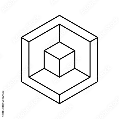 Minimalist geometric design featuring a cube within a hexagon.  Symbolic of structure, containment, or nested systems.  Perfect for tech, architecture, or abstract design projects.