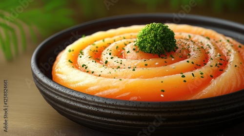 Spiral salmon dish on dark plate, tropical foliage background photo