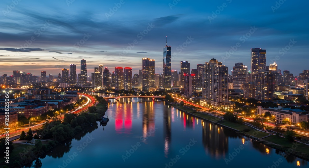 Obraz premium City Skyline Reflection on River at Dusk with Traffic Trails