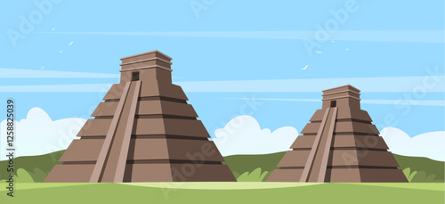 Ancient mayan pyramids landscape scene. Ancient historical temple architectural stone monuments on green grass. Vector stock
