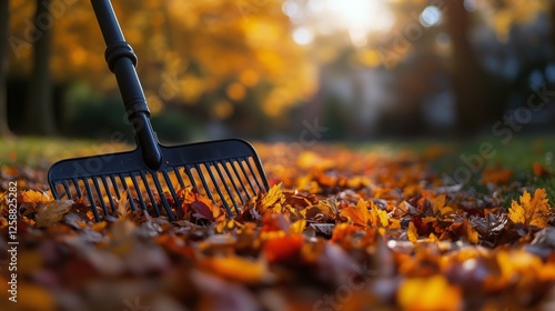 Raking vibrant autumn leaves on a tranquil afternoon in a picturesque park