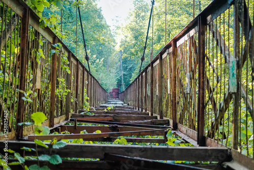 Schilderij op canvas Old unused suspension bridge across the ravine