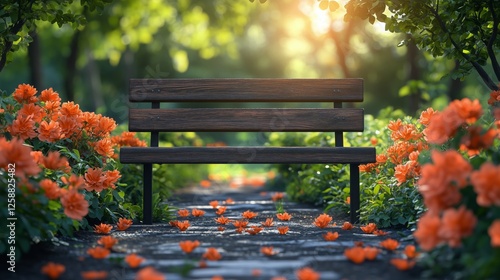 Serene garden pathway with a wooden bench surrounded by blooming orange flowe...