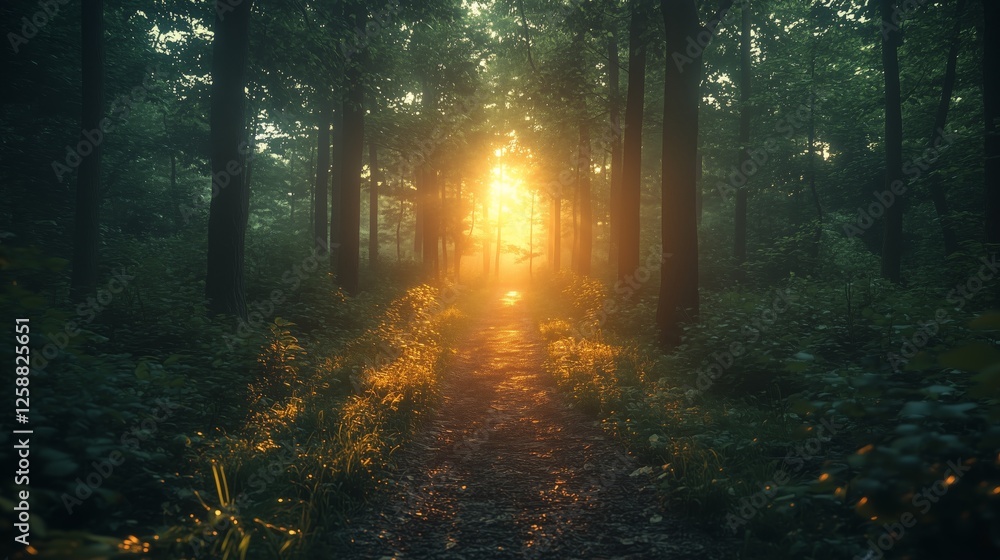 Naklejka premium Sunlight filters through trees illuminating a forest path at golden hour