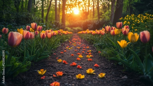 Vibrant garden pathway lined with blooming tulips and fallen petals at sunset