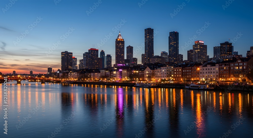 Fototapeta premium Cityscape at Dusk Water Reflection of Frankfurt Germany Skyline View