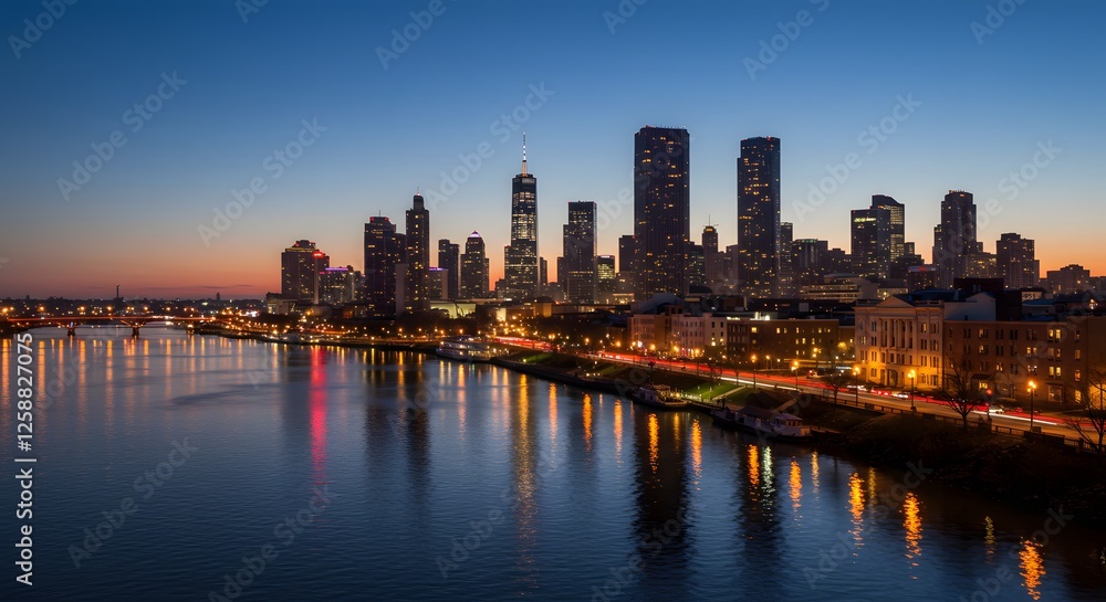 Cityscape at Dusk River Reflection of Modern Buildings and Traffic Cityscape at Dusk River Reflection of Modern Buildings and Traffic