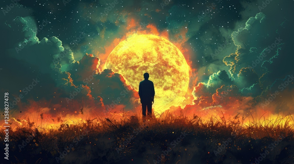 Man silhouetted against a fiery sunset and large sun. Man silhouetted against a fiery sunset and large sun.