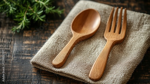 Wooden spoon and fork on a rustic cloth napkin in a cozy kitchen setting