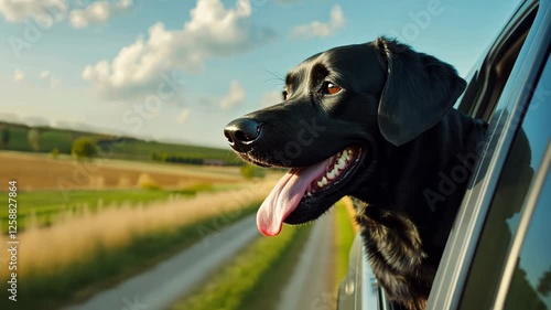 Happy Black Labrador Dog Enjoying a Scenic Drive with Head Out of Car Window, Sunny Day, Blue Sky and Green Fields in Background, Joyful Bonding Moment