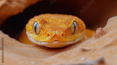 Colorful orange reptile peeking from sandy burrow in natural habitat