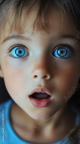 Captivating child displays wonder with striking blue eyes and an open mouth e...