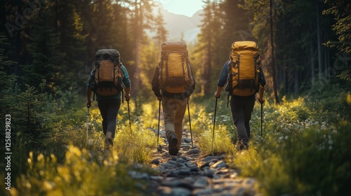 Hikers journey through a sunlit forest trail in the mountains during late aft...