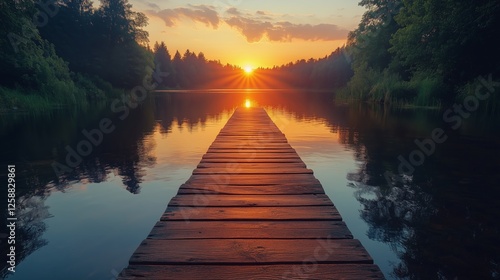 Sunset reflections over calm water with wooden dock in serene natural landscape