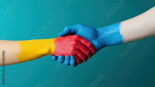 handshake with painted hands on a blue background