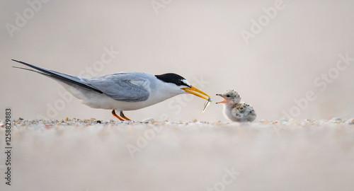 Least tern and chick on a beach
