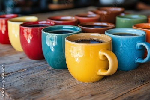 Colorful coffee mugs arranged on a wooden table in a bright cafe setting duri...