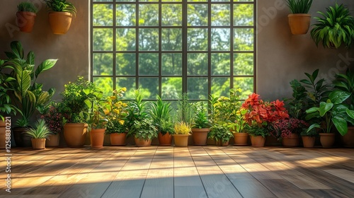 Indoor garden with vibrant plants and large windows allowing natural light