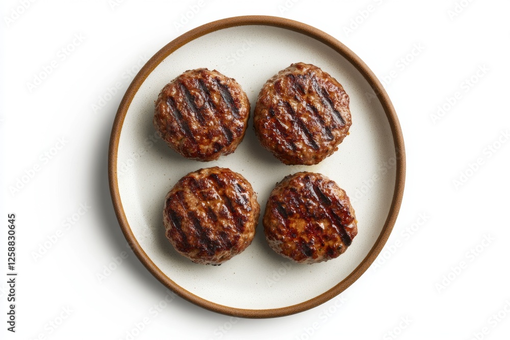 Four grilled patties on plate, studio shot, white background, food photography Four grilled patties on plate, studio shot, white background, food photography