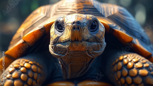 Close-up of a tortoise showcasing intricate shell patterns in a natural setti...