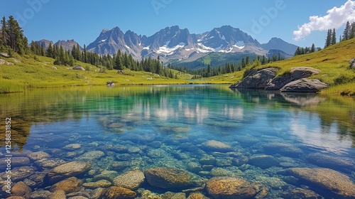 Stunning clear lake reflects majestic mountains under bright blue skies in th...